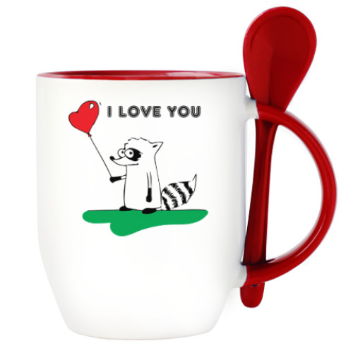 Кружка с ложкой с принтом 'Енот'