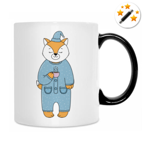 Кружка-хамелеон с принтом Лис с чашечкой утреннего кофе