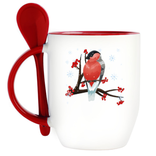 Кружка с ложкой с принтом Снегирь