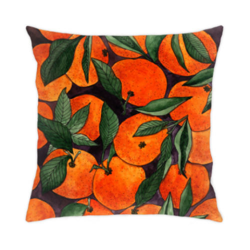 Подушка с принтом Яркие мандарины акварель