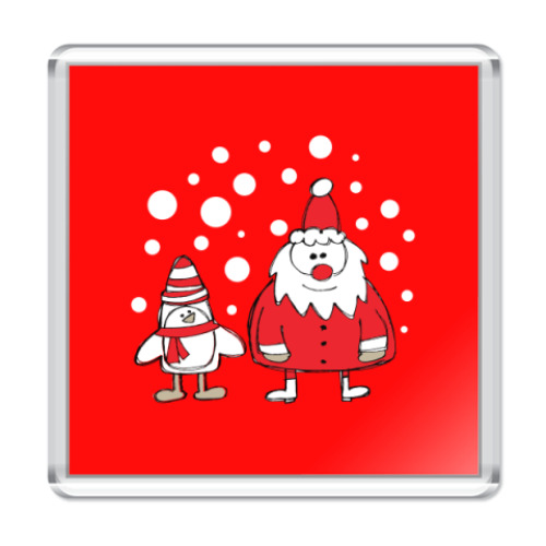 Магнит с принтом Дед Мороз и Пингвин