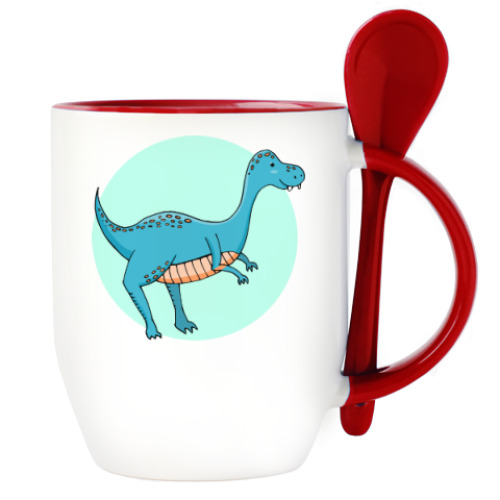 Кружка с ложкой с принтом Динозаврик