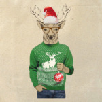 Олень хипстер новогодний в свитере с шариком