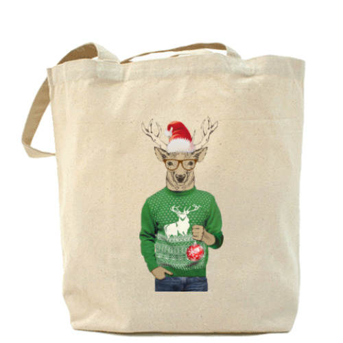Сумка шоппер с принтом Олень хипстер новогодний в свитере с шариком