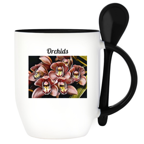 Кружка с ложкой с принтом Орхидеи