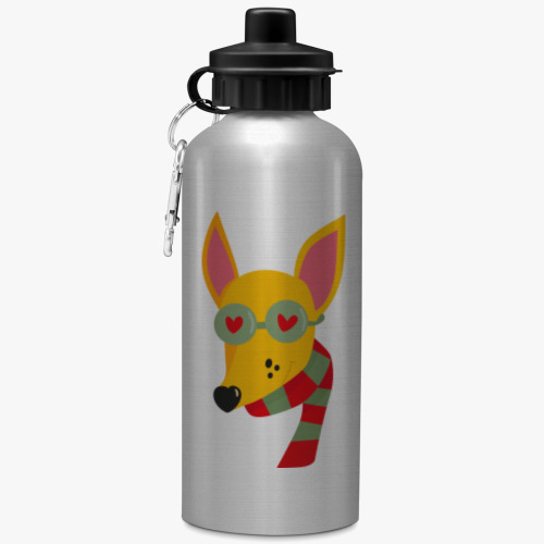 Бутылка с карабином (500 мл) с принтом Лисичка в очках и полосатом шарфе