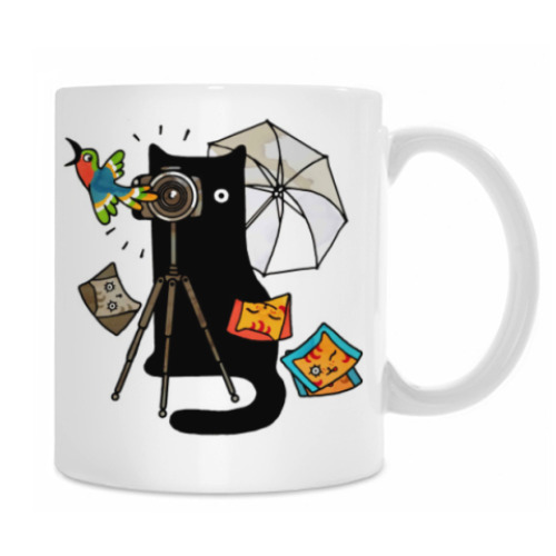 Кружка с принтом Котик фотограф делает фото дев
