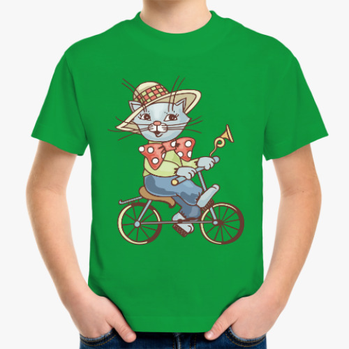 Детская футболка с принтом Кот на велосипеде