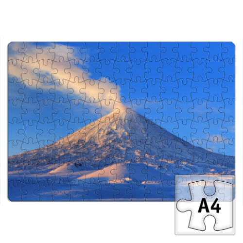 Пазл с принтом Пейзаж Камчатка: зима, горы и извержение вулкана