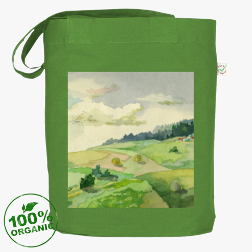 Сумка шоппер с принтом Акварель. Мимо полей. Пейзаж.