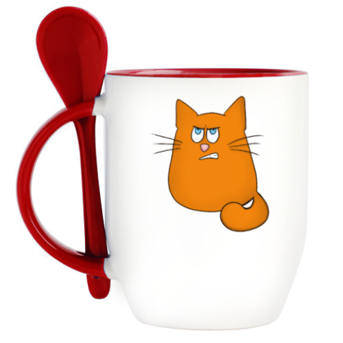 Кружка с ложкой с принтом Сердитый-Испуганный Котик