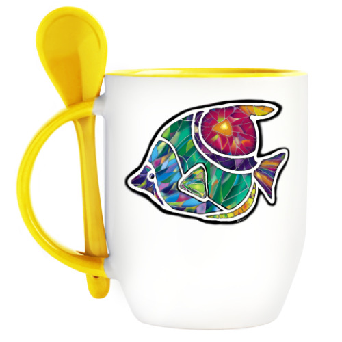 Кружка с ложкой с принтом Мозаичная рыба