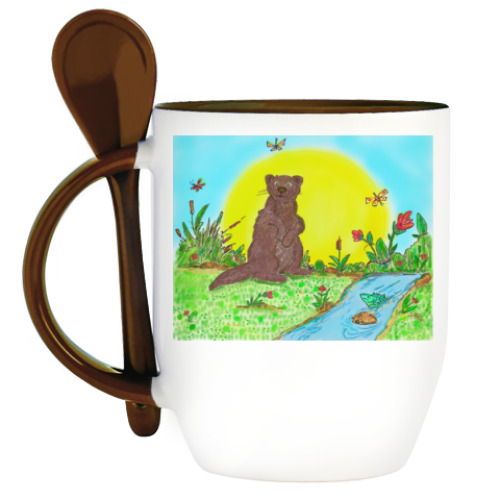 Кружка с ложкой с принтом Выдра у ручья