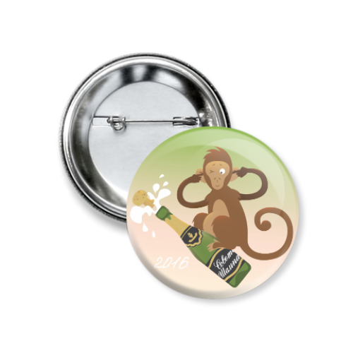 Значок 37мм с принтом Обезьянка Доброго Нового 2016 года
