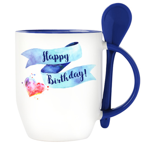 Кружка с ложкой с принтом Happy birthday