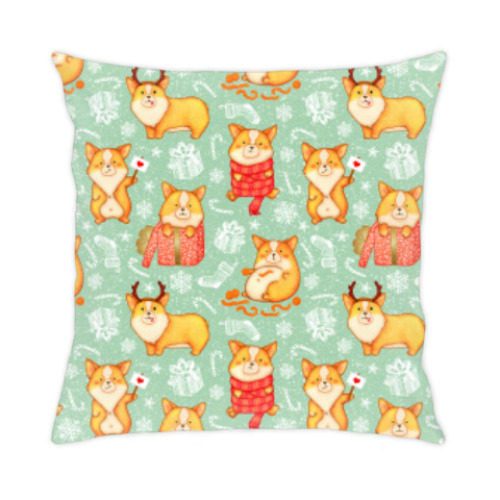 Подушка с принтом Собака корги к новому году готова