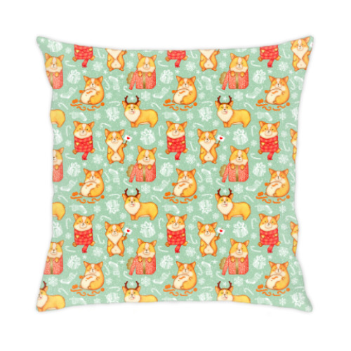 Подушка с принтом Собака корги к новому году готова