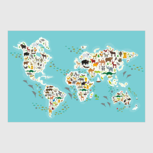 Постер с принтом детская карта мира с животными