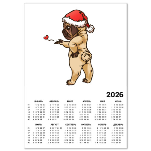 Календарь с принтом Мопс в шапочке