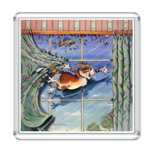 Магнит с принтом  кошак на занавеске