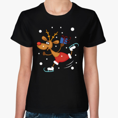 Женская футболка с принтом Олень на коньках