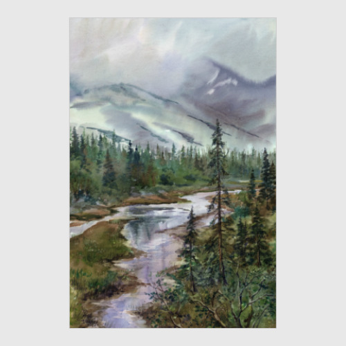 Постер с принтом Дождь идет по Хибинам (акварельный пейзаж)