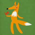 Веселая лиса с карамельным петушком в руках