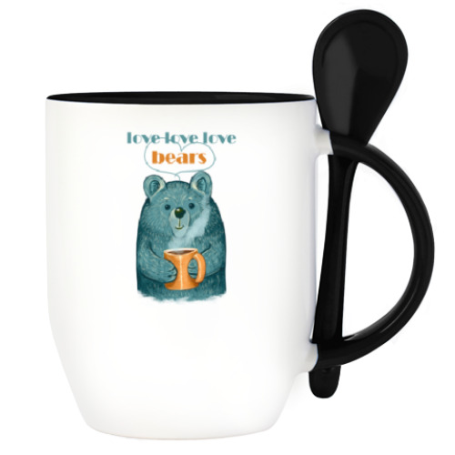 Кружка с ложкой с принтом Медведь с кружкой
