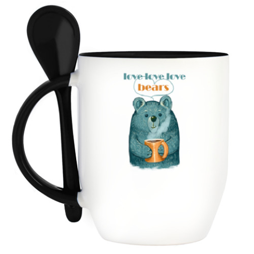 Кружка с ложкой с принтом Медведь с кружкой