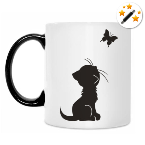 Кружка-хамелеон с принтом Котенок и бабочка