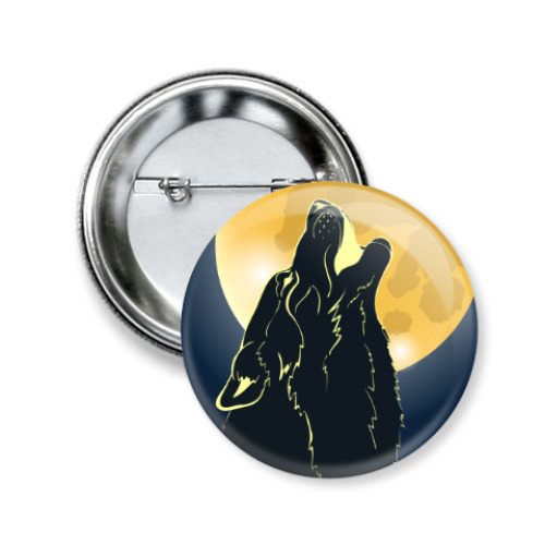 Значок 50мм с принтом Волк воющий на луну