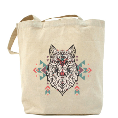 Сумка шоппер с принтом Тотем волк. Ацтекский узор