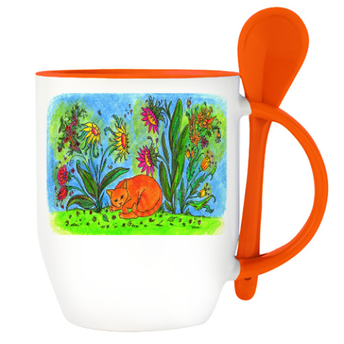 Кружка с ложкой с принтом Кот спит