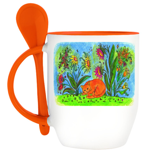 Кружка с ложкой с принтом Кот спит