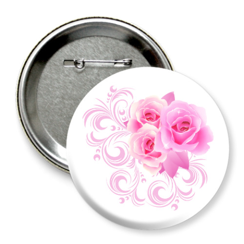 Значок 75мм с принтом Букет роз с узорами