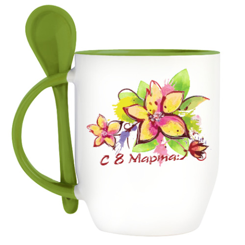 Кружка с ложкой с принтом 8 Марта