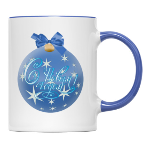 Кружка с принтом Мышка на ёлочном шарике со звездами