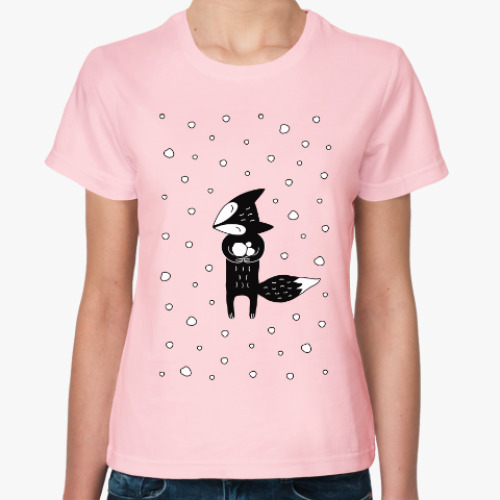 Женская футболка с принтом Лисенок и снегопад