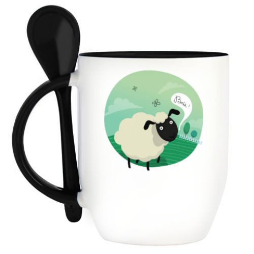 Кружка с ложкой с принтом Овечка на полянке