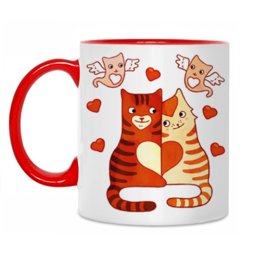 Кружка с принтом Котики и сердечки на День Влюбленных 14 февраля