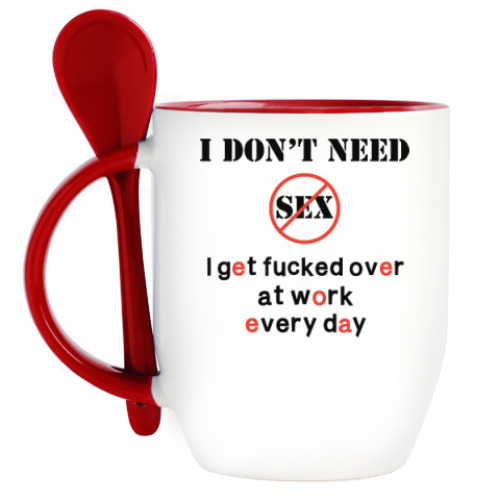 Кружка с ложкой с принтом Секс не нужен - есть работа