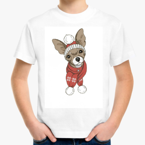 Детская футболка с принтом милый песик в шапке и шарфе