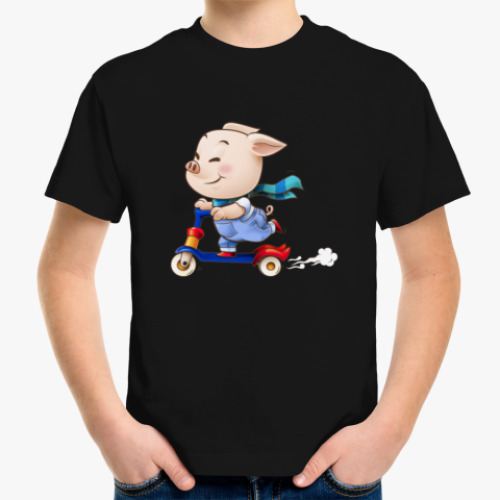 Детская футболка с принтом Хрюндель на самокате