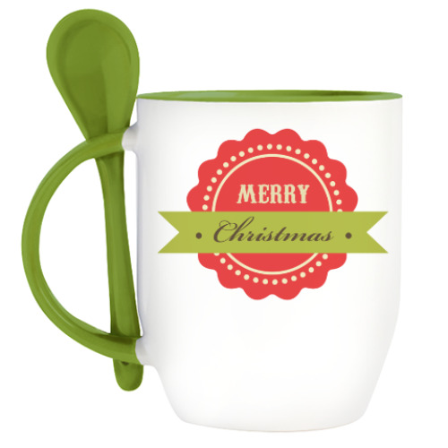 Кружка с ложкой с принтом Рождество