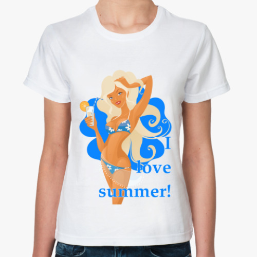 Классическая футболка с принтом I love summer (Я люблю лето)