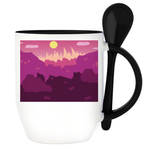 Кружка с ложкой с принтом Горный пейзаж