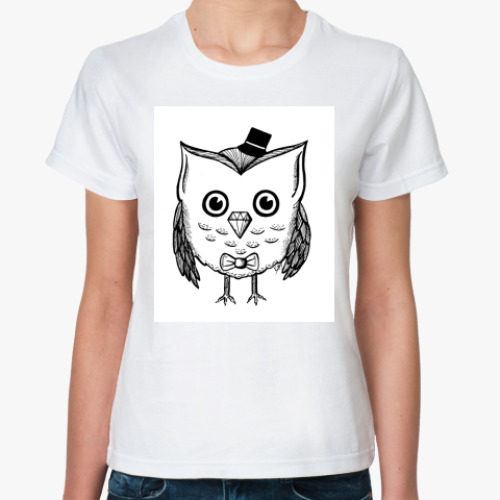 Классическая футболка с принтом Сова в шляпе