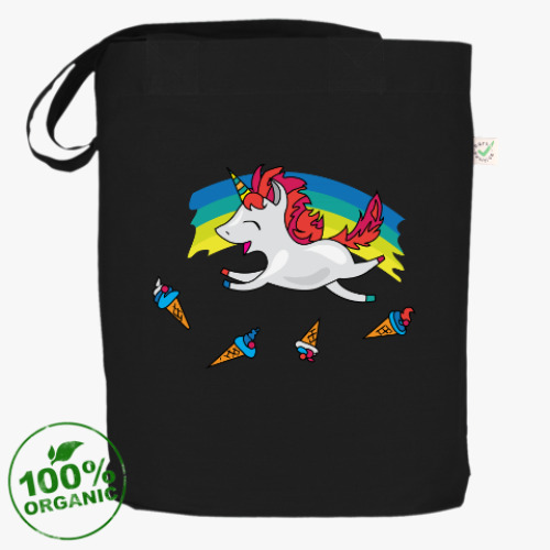 Сумка шоппер с принтом Милый единорог на фоне радуги с мороженым