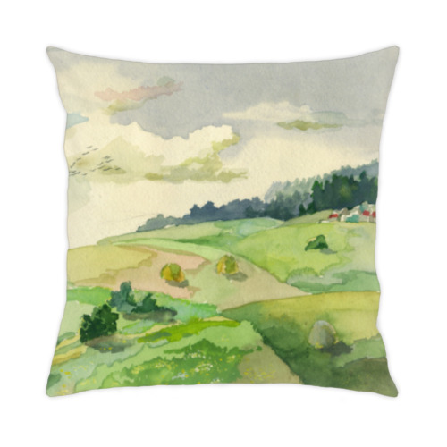 Подушка с принтом Акварель. Мимо полей. Пейзаж.