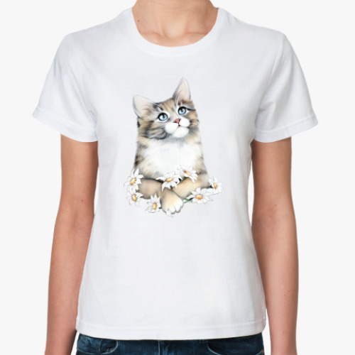 Классическая футболка с принтом Кот в ромашках